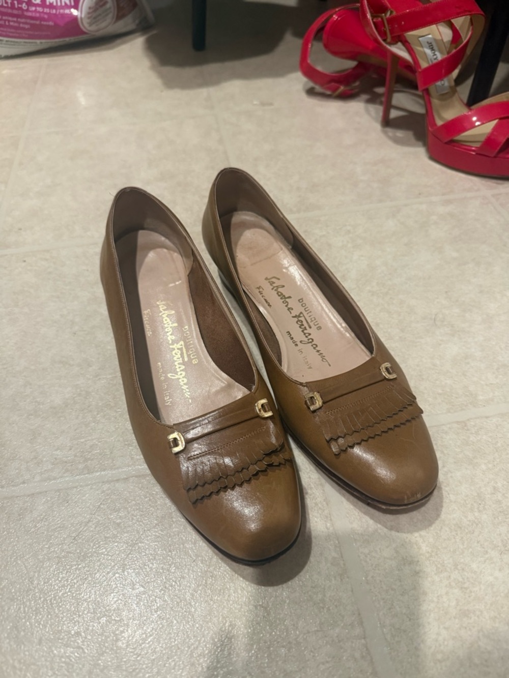 Salvatore Ferragamo Tan Leather Fringe Loafers with Gold Bit